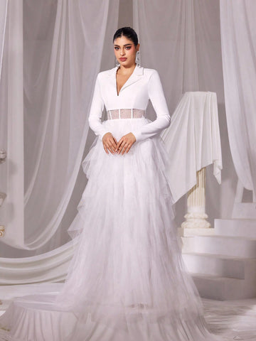 Rhinestone Detail Mesh Overlay Hem Wedding Dress