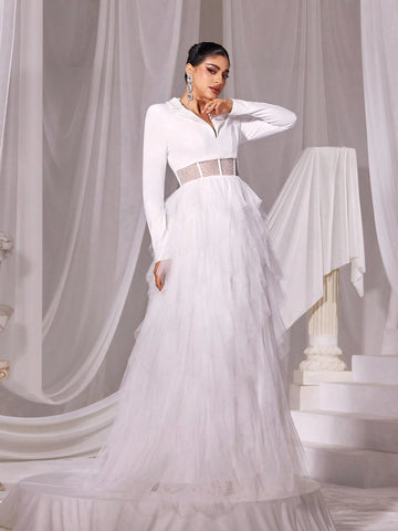Rhinestone Detail Mesh Overlay Hem Wedding Dress