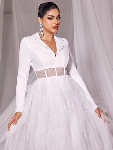 Rhinestone Detail Mesh Overlay Hem Wedding Dress