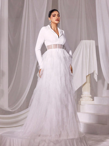 Rhinestone Detail Mesh Overlay Hem Wedding Dress