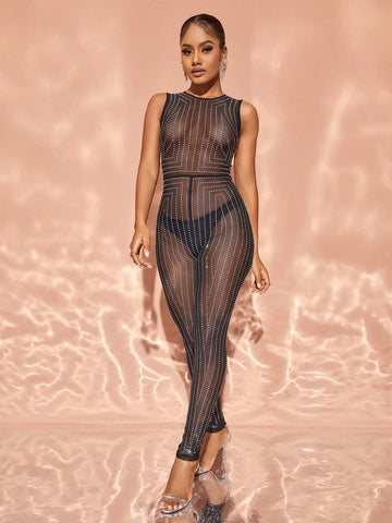Rhinestone Detail Sleeveless Bodycon Jumpsuit