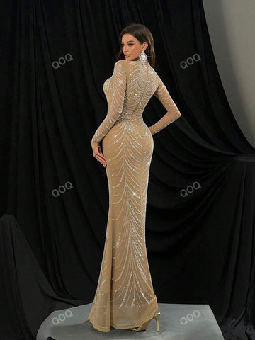 Rhinestone Embellished Mesh Stand Collar Mermaid Dress With Long Sleeve