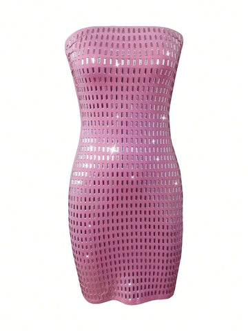 Rhinestone Embellished Sexy Strapless Bodycon Dress, Fashionable Madam Party Formal Gown