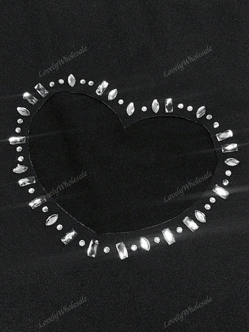 Rhinestone Heart Decor Cut Out Pants Set