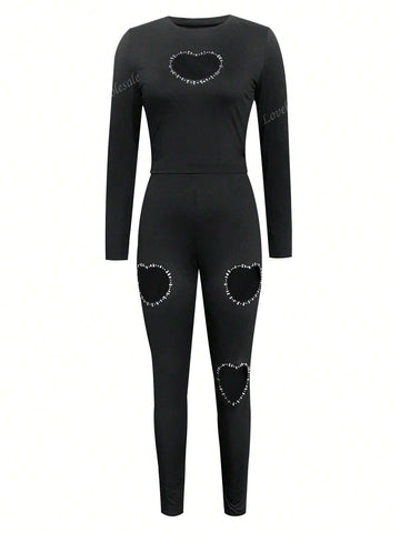 Rhinestone Heart Decor Cut Out Pants Set