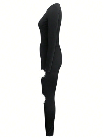 Rhinestone Heart Decor Cut Out Pants Set