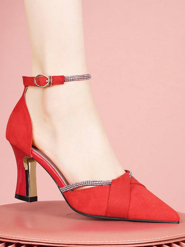 Rhinestone One-Buckle Open-Toe Stiletto High Heels, Versatile Fashionable Trendy