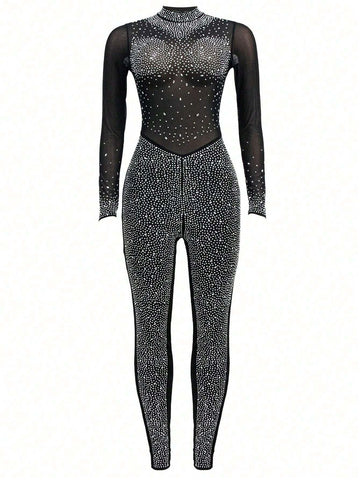 Rhinestone Studded Detail Mesh Insert Mock Neck Unitard Jumpsuit