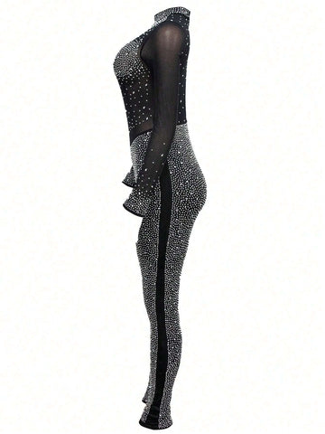 Rhinestone Studded Detail Mesh Insert Mock Neck Unitard Jumpsuit