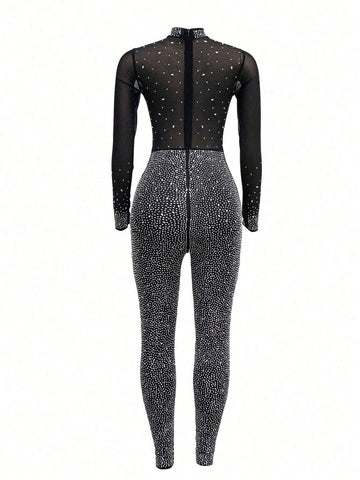 Rhinestone Studded Detail Mesh Insert Mock Neck Unitard Jumpsuit