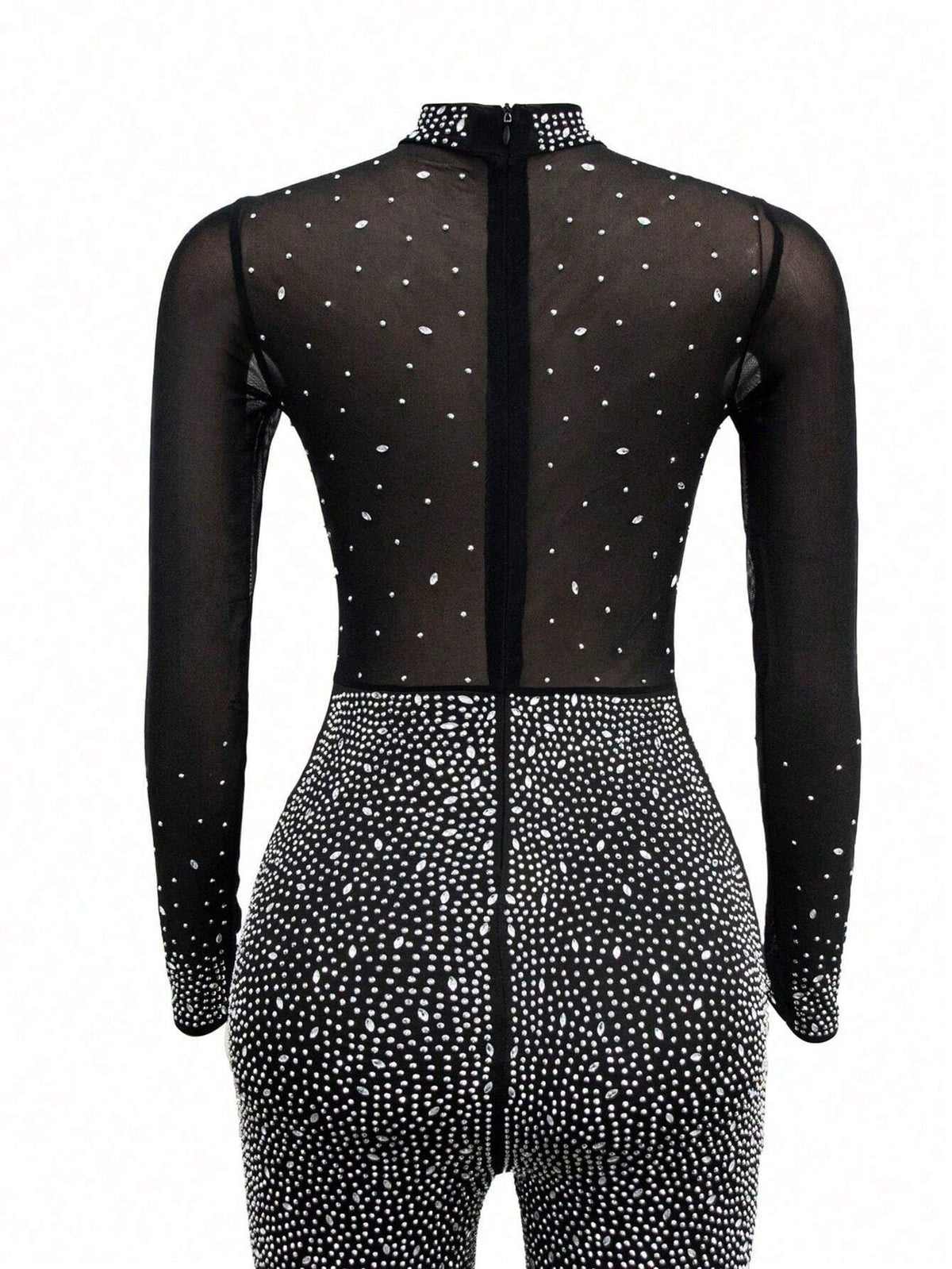 Rhinestone Studded Detail Mesh Insert Mock Neck Unitard Jumpsuit