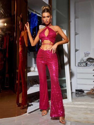 Rhode Halterneck Sequin Set In Hot Pink