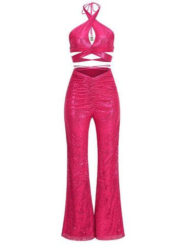 Rhode Halterneck Sequin Set In Hot Pink