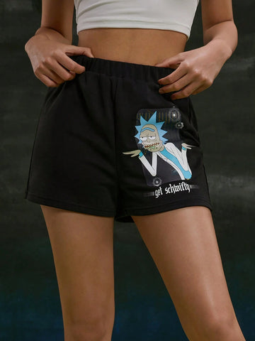 Casual Cartoon Character And Letter Print Elastic Waist Summer Shorts