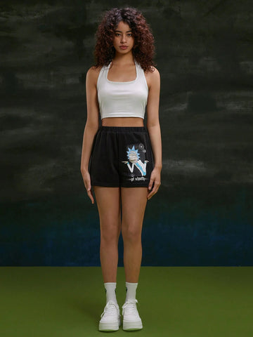 Casual Cartoon Character And Letter Print Elastic Waist Summer Shorts