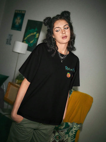 Letter And Cartoon Figure Graphic Drop Shoulder Tee, School