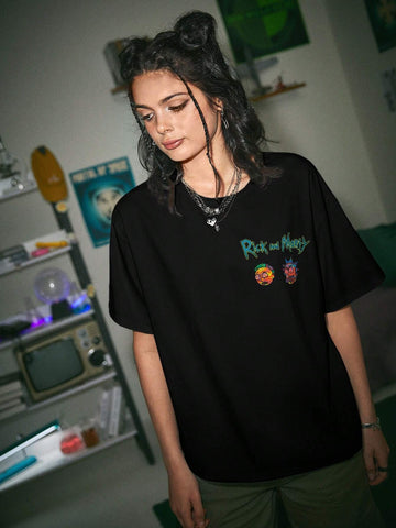 Letter And Cartoon Figure Graphic Drop Shoulder Tee, School