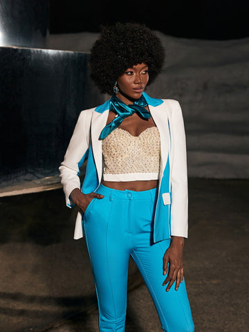 Rita Patchwork Blazer Set In Blue