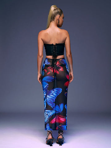 Riya Strapless Butterfly Printed Skirt Set