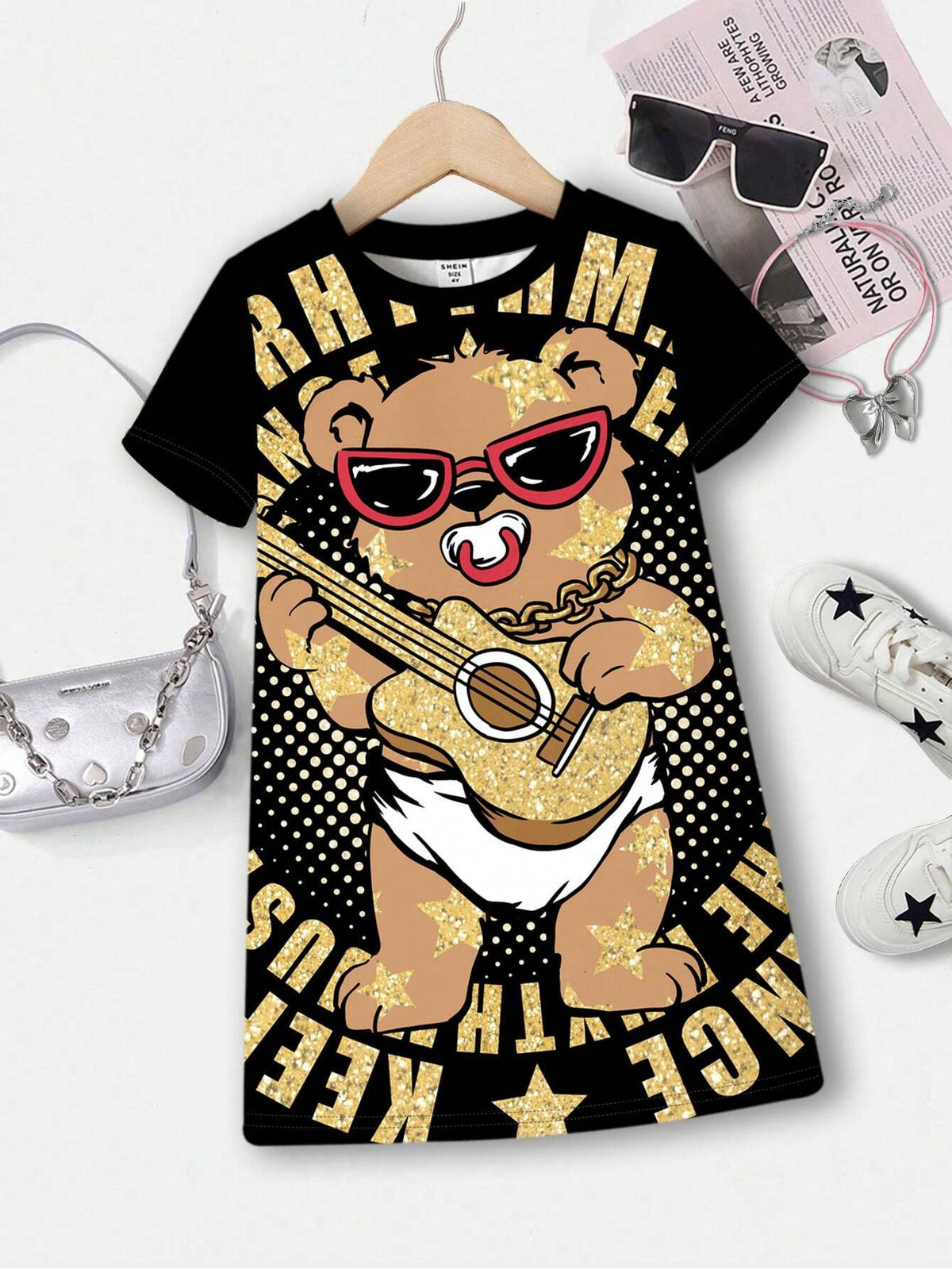 Rock Bear, Super Cool Girl, Music Party, Young Girl Casual And Simple Short Sleeve Mid-Length Dress, Suitable For Summer