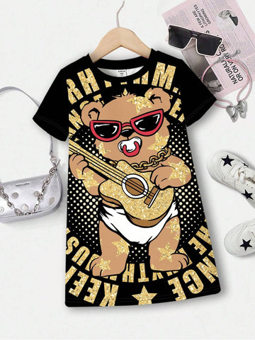 Rock Bear, Super Cool Girl, Music Party, Young Girl Casual And Simple Short Sleeve Mid-Length Dress, Suitable For Summer