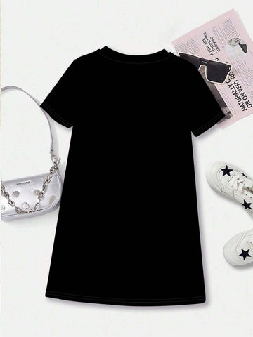 Rock Bear, Super Cool Girl, Music Party, Young Girl Casual And Simple Short Sleeve Mid-Length Dress, Suitable For Summer