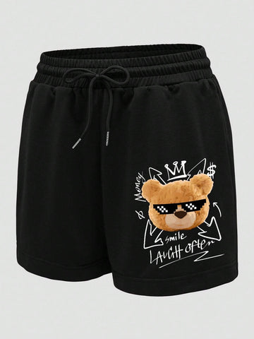 Rock Music Style Cute Bear Logo Printed Knitted Shorts, Casual Wear