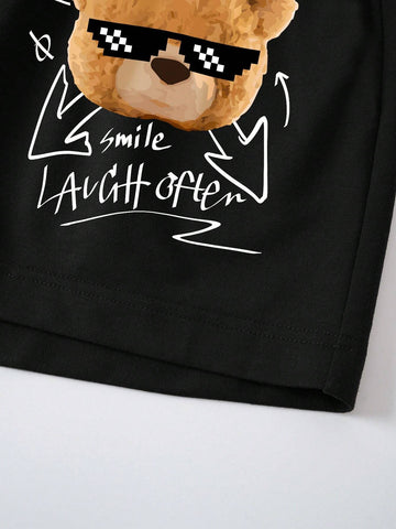 Rock Music Style Cute Bear Logo Printed Knitted Shorts, Casual Wear
