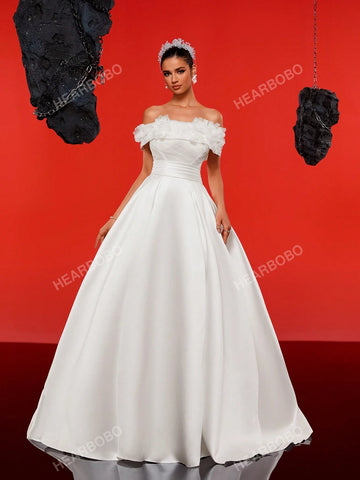 Romantic 3D Floral Off-Shoulder High-End Satin Wedding Dress Gown With UnderDress Effect (UnderDress Not Included)