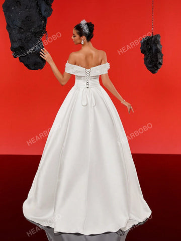Romantic 3D Floral Off-Shoulder High-End Satin Wedding Dress Gown With UnderDress Effect (UnderDress Not Included)