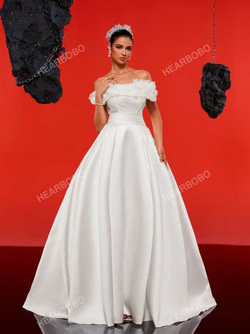 Romantic 3D Floral Off-Shoulder High-End Satin Wedding Dress Gown With UnderDress Effect (UnderDress Not Included)