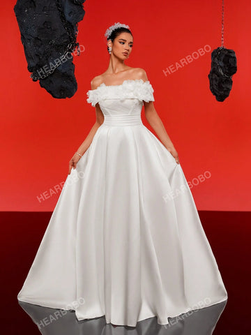 Romantic 3D Floral Off-Shoulder High-End Satin Wedding Dress Gown With UnderDress Effect (UnderDress Not Included)