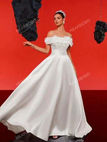 Romantic 3D Floral Off-Shoulder High-End Satin Wedding Dress Gown With UnderDress Effect (UnderDress Not Included)