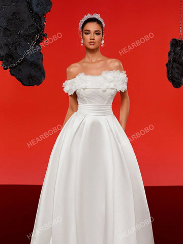 Romantic 3D Floral Off-Shoulder High-End Satin Wedding Dress Gown With UnderDress Effect (UnderDress Not Included)