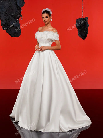 Romantic 3D Floral Off-Shoulder High-End Satin Wedding Dress Gown With UnderDress Effect (UnderDress Not Included)