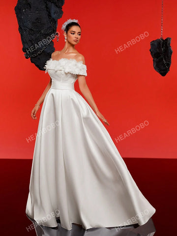 Romantic 3D Floral Off-Shoulder High-End Satin Wedding Dress Gown With UnderDress Effect (UnderDress Not Included)