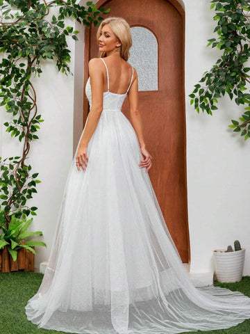 Romantic Lace V-Neck Flower Pattern Sheer Gauze Long Wedding Dress With Gold Foil Polka Dots
