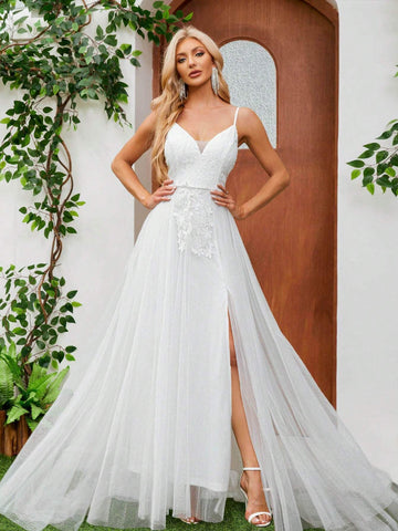 Romantic Lace V-Neck Flower Pattern Sheer Gauze Long Wedding Dress With Gold Foil Polka Dots