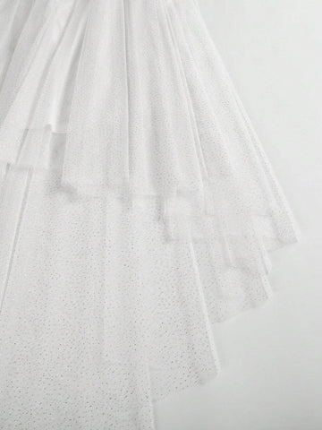 Romantic Lace V-Neck Flower Pattern Sheer Gauze Long Wedding Dress With Gold Foil Polka Dots