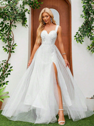 Romantic Lace V-Neck Split Flower Print Long Mesh Wedding Bridal Gown With Thin Straps