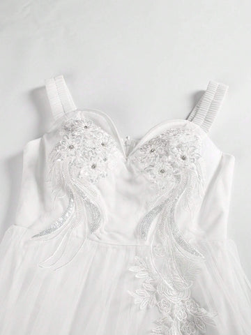 Romantic Lace V-Neck Split Flower Print Long Mesh Wedding Bridal Gown With Thin Straps