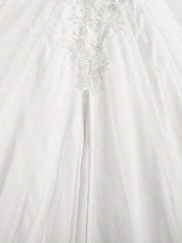 Romantic Lace V-Neck Split Flower Print Long Mesh Wedding Bridal Gown With Thin Straps