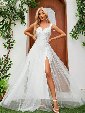 Romantic Lace V-Neck Split Flower Print Long Mesh Wedding Bridal Gown With Thin Straps