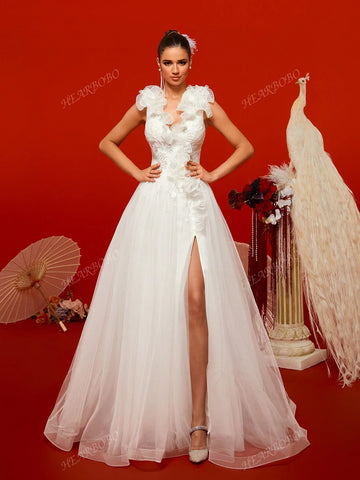 Romantic Petal V-Neck Wedding Dress With Large Hem