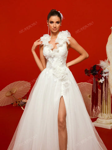 Romantic Petal V-Neck Wedding Dress With Large Hem