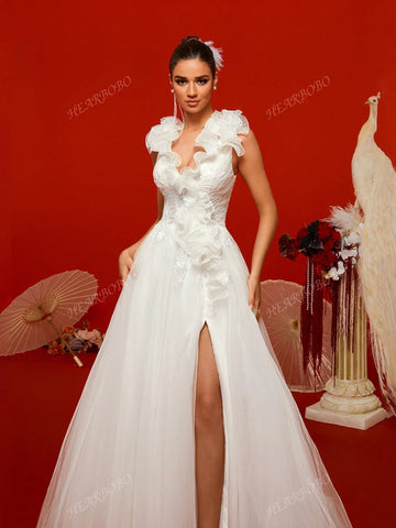 Romantic Petal V-Neck Wedding Dress With Large Hem