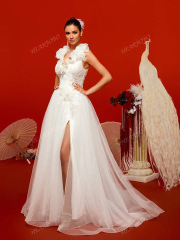 Romantic Petal V-Neck Wedding Dress With Large Hem