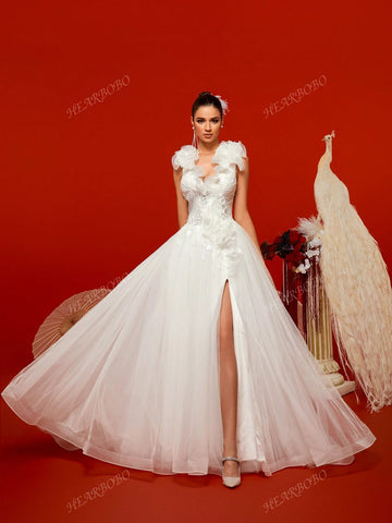 Romantic Petal V-Neck Wedding Dress With Large Hem