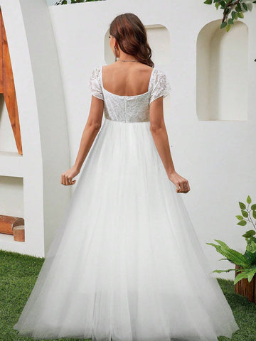 Romantic Wedding Dress With Lace, Square Neckline, Fitted Waist, Long Hem And Sheer Overskirt