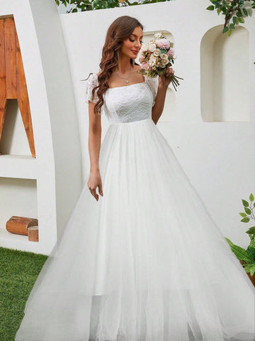 Romantic Wedding Dress With Lace, Square Neckline, Fitted Waist, Long Hem And Sheer Overskirt